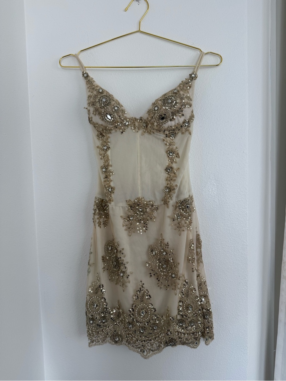 Beaded Sequin Embellished Nude Cocktail Mini Dress